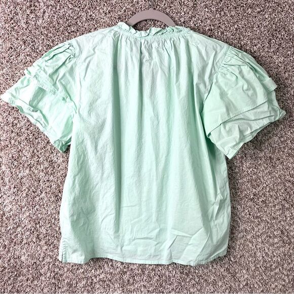 S’edge Top Women’s Medium Teal Green Ruffled Short Puff Sleeve Blouse - Picture 3 of 4